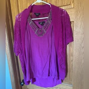 AGB Petite Magenta Beaded Blouse & Open Knit Cardigan Set XL